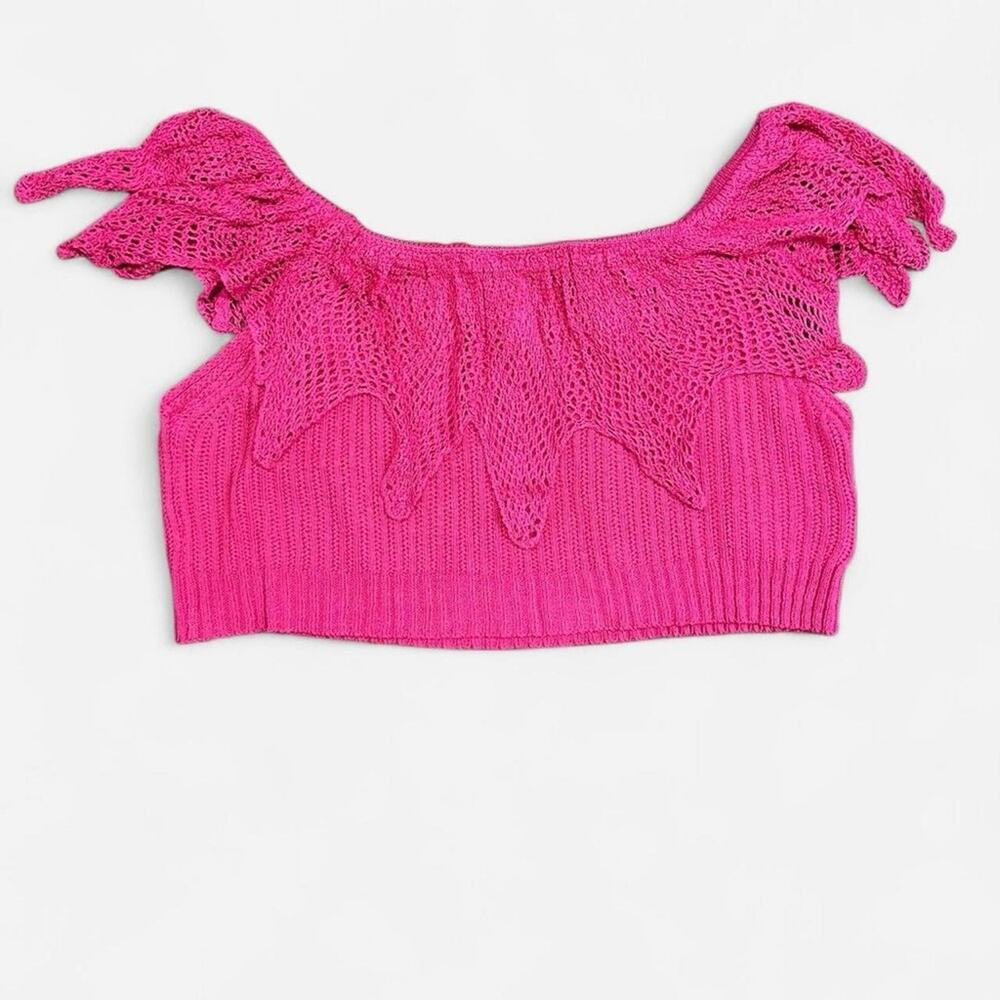 Shein Curve XXL crochet knit cropped top pink festival off the shoulder 2XL